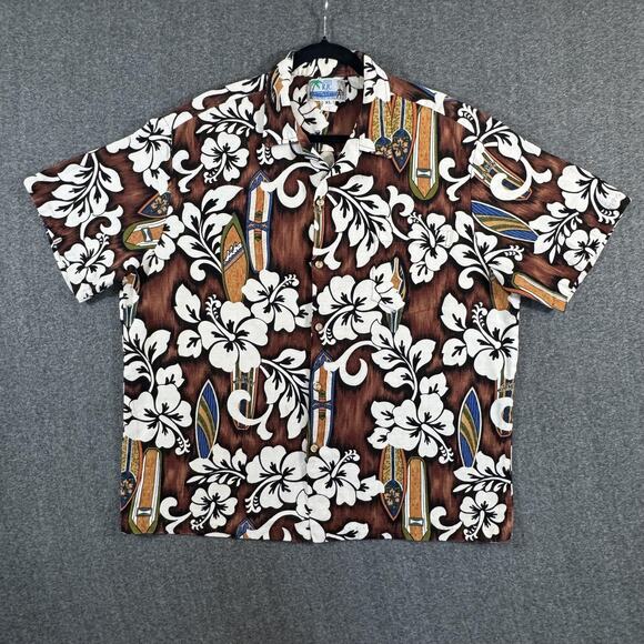 RJC Hawaiian Shirt Mens XL Bark Cloth Brown Hibiscus Surfboards Made in USA - Picture 10 of 11